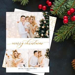 Modern Gold Script 3 Photo Collage Christmas Card