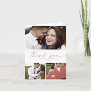 Modern Gold Script 3 Photo Collage Folded Wedding Thank You Card