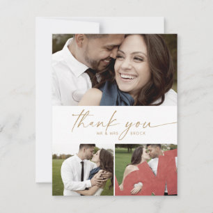 Modern Gold Script 3 Photo Collage Wedding Thank You Card