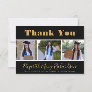Modern Gold Script 3 Photo Graduation Thank You Card
