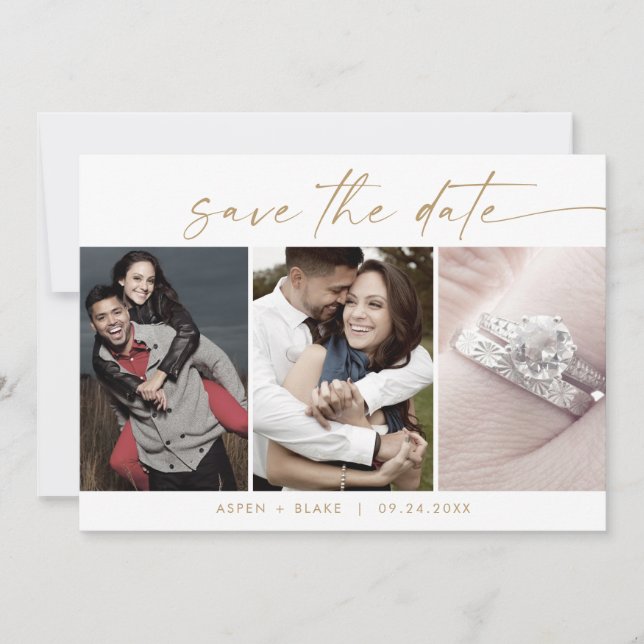 Modern Gold Script 3 Photo Template Save the Date (Front)