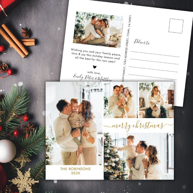 Modern Gold Script 5 Photo Collage Christmas  Postcard (Creator Uploaded)