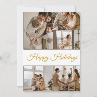 Modern Gold Script 5 Photo Collage Happy Holidays Holiday Card