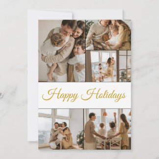 Modern Gold Script 5 Photo Collage Happy Holidays Holiday Card