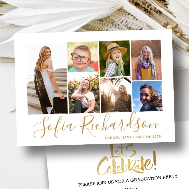 Modern Gold Script 7 Photo Minimalist Graduation  Invitation (Creator Uploaded)