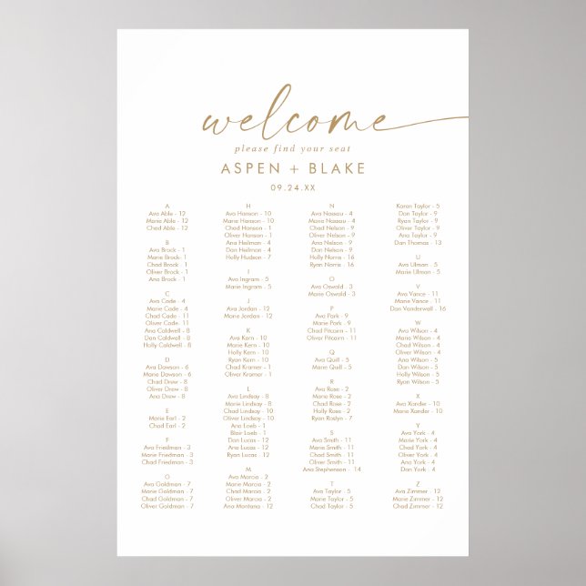Modern Gold Script Alphabetical Seating Chart (Front)