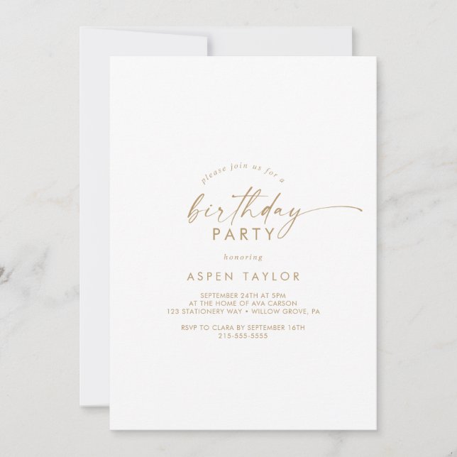 Modern Gold Script Birthday Party Invitation (Front)