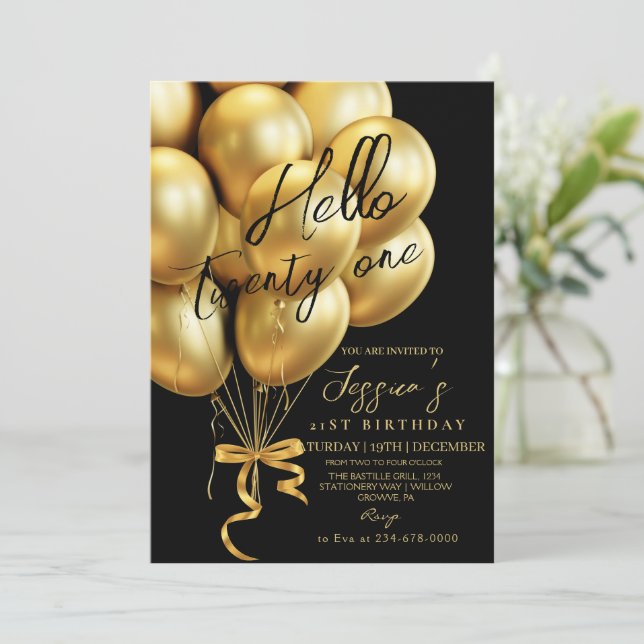 Modern Gold Script Black Hello Twenty One Birthday Invitation (Standing Front)