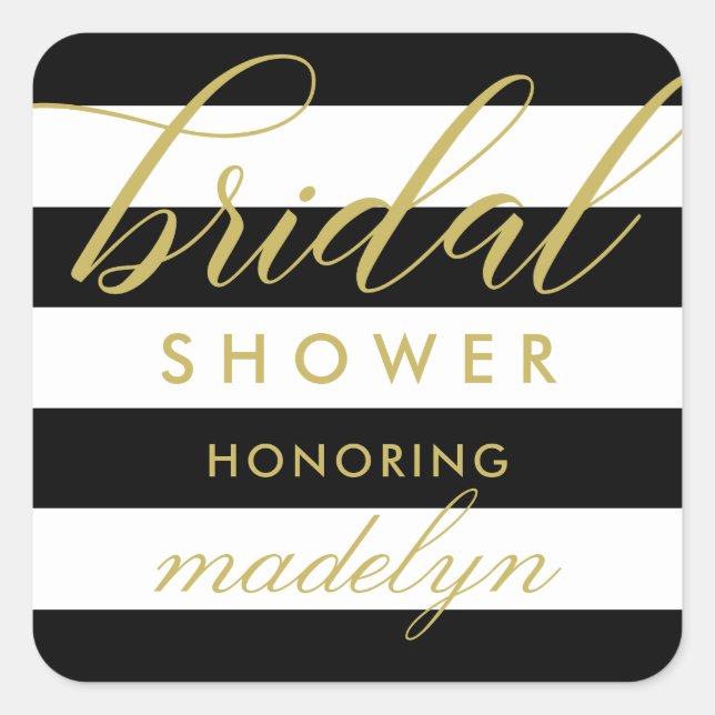Modern Gold Script Black Stripes Bridal Shower Square Sticker (Front)