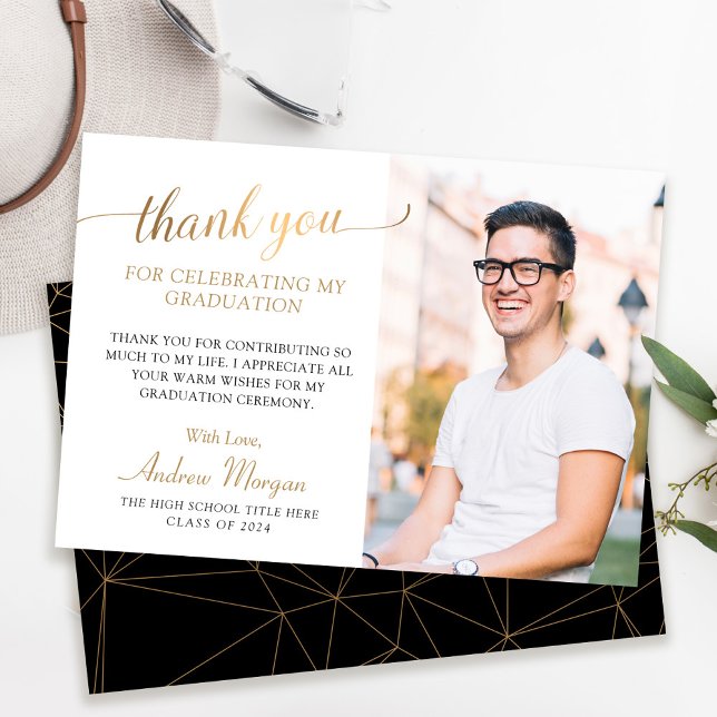 Modern Gold Script Black & White Graduation Photo Thank You Card (Creator Uploaded)