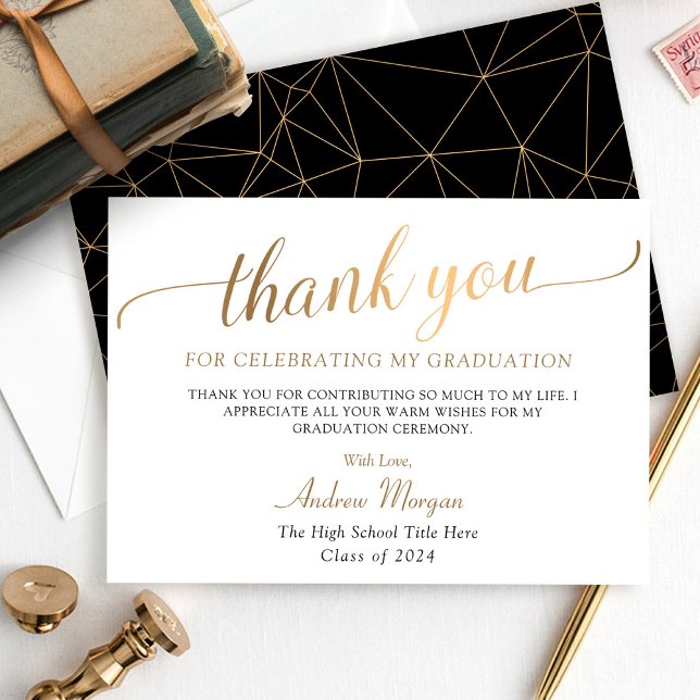 Modern Gold Script Black & White Graduation Thank You Card (Creator Uploaded)