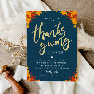 Modern gold script blue thanksgiving dinner invitation