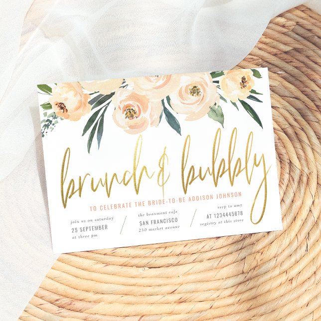 Modern Gold Script Brunch & Bubbly Blush Flowers Invitation (Creator Uploaded)