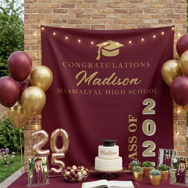  Modern  Gold Script Burgundy Graduation Tapestry (Creator Uploaded)