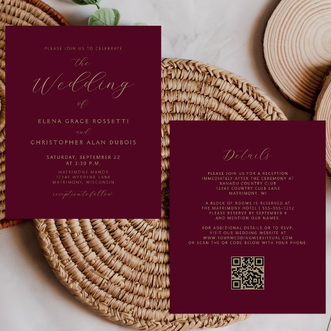 Modern Gold Script Burgundy QR Code Wedding (Creator Uploaded)
