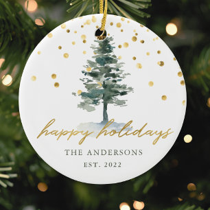 Modern Gold Script Christmas Tree Happy Holidays Ceramic Ornament
