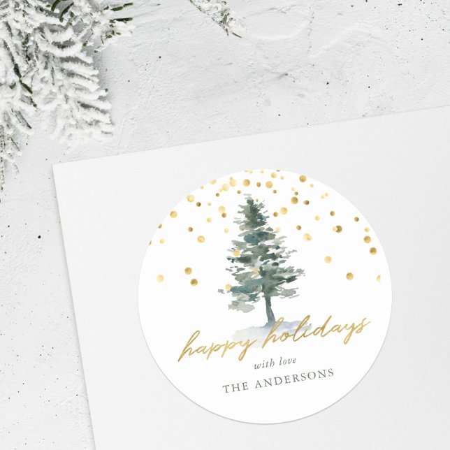 Modern Gold Script Christmas Tree Happy Holidays Classic Round Sticker (Creator Uploaded)