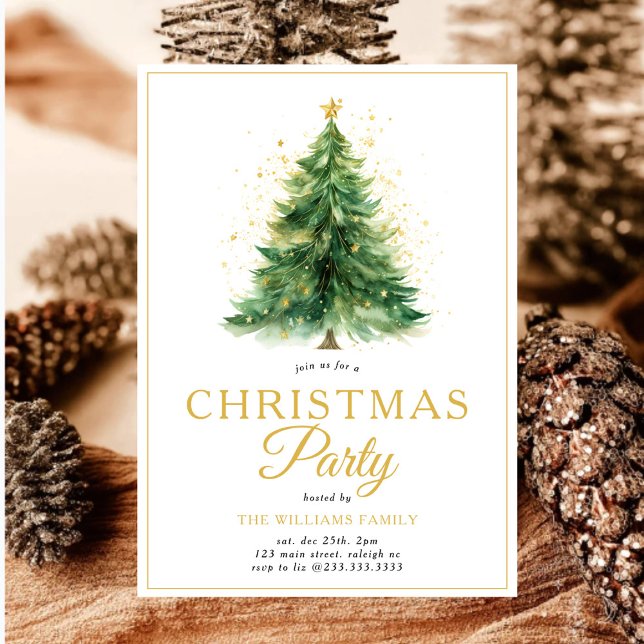 Modern Gold Script Christmas Tree  Party Invitation (Creator Uploaded)