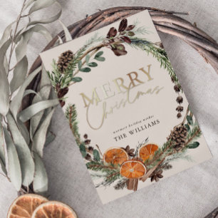 Modern Gold Script Citrus Wreath Christmas Holiday Card