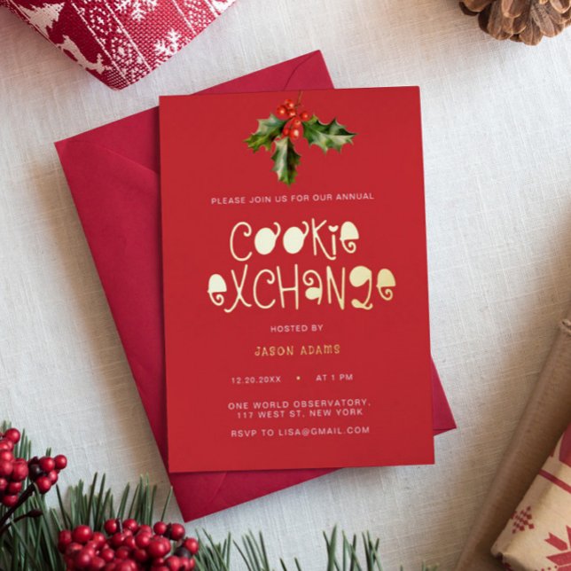 Modern Gold Script Cookie Exchange Christmas Party Foil Holiday Card (Creator Uploaded)