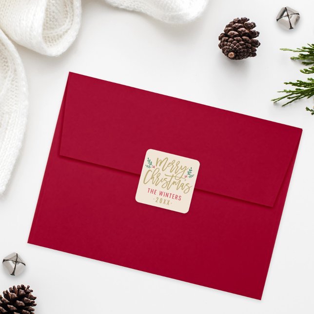 Modern Gold Script Cream Merry Christmas Name Square Sticker (Creator Uploaded)