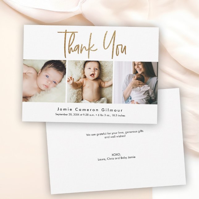 Modern Gold Script Custom 3 photo Baby Thank You Card (Simple 3 baby photos thank you card.)