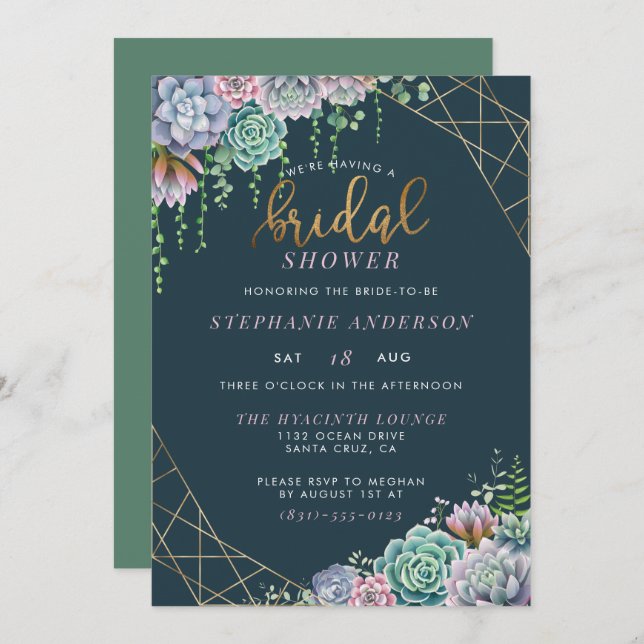 Modern Gold Script Cute Succulents Bridal Shower Invitation (Front/Back)