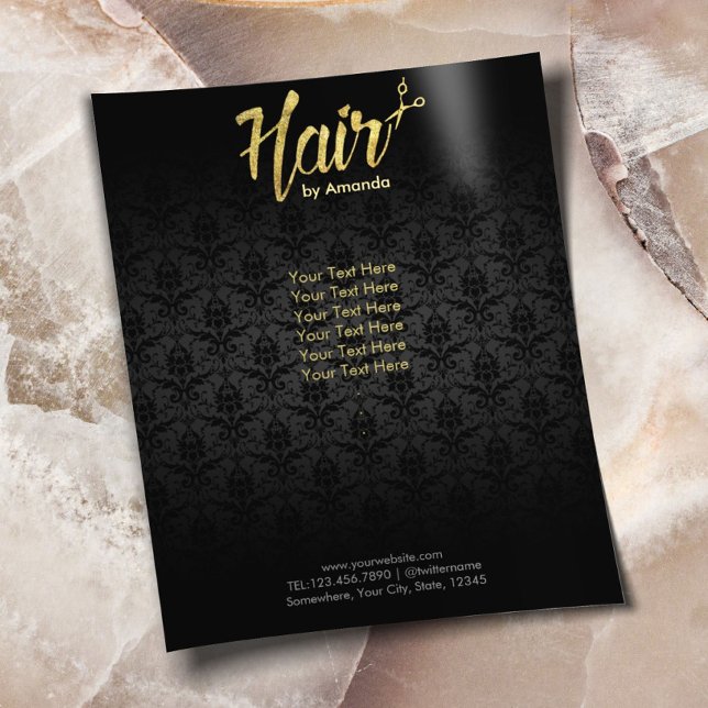 Modern Gold Script Damask Hair Salon Brochures (Creator Uploaded)