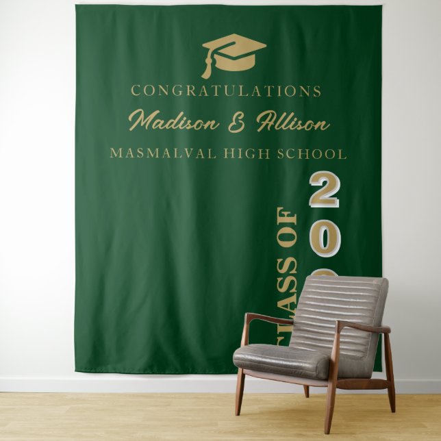  Modern Gold Script Emerald Green Twin Graduation Tapestry (In Situ)