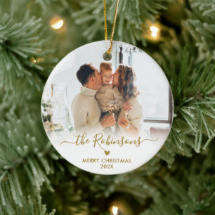 Modern Gold Script Family Photo Merry Christmas Ceramic Ornament