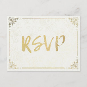 Modern Gold Script Floral Frame Wedding RSVP Reply Invitation Postcard
