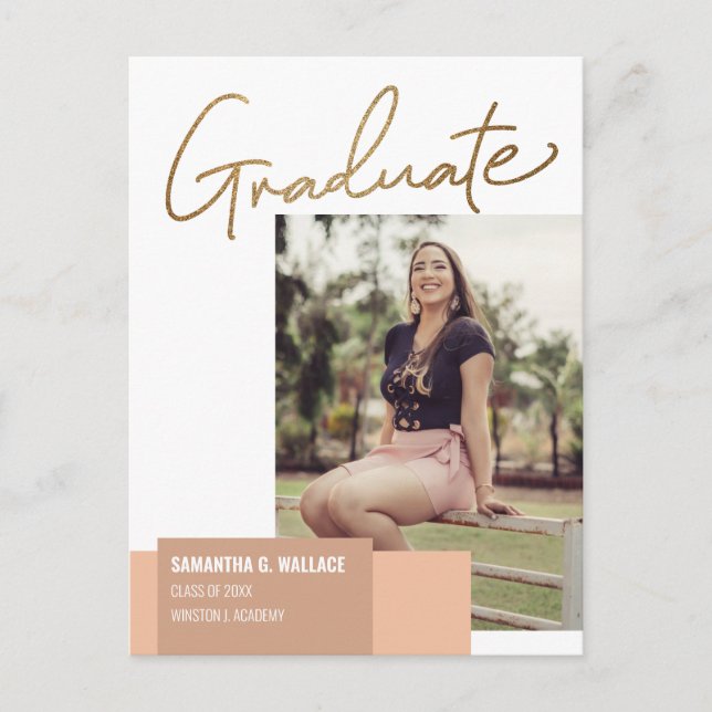 Modern Gold script Graduate Photo Announcement Postcard (Front)