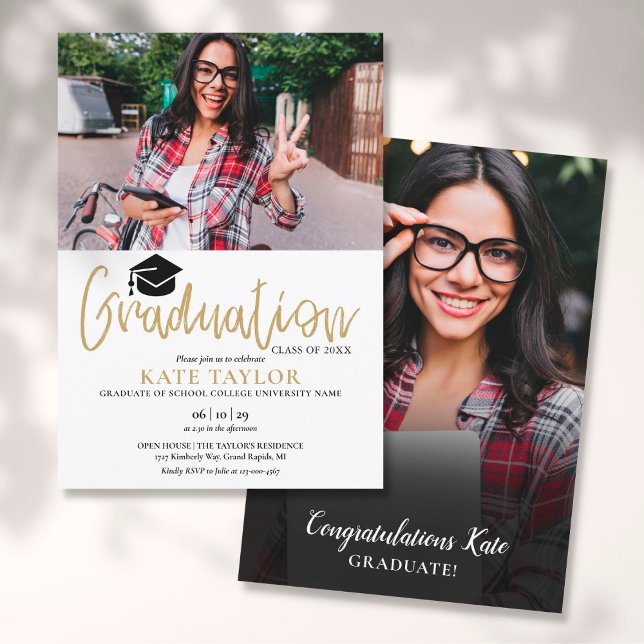 Modern Gold Script Graduation Party 2 Photo Invitation (Creator Uploaded)