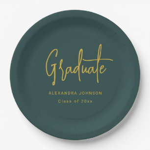 Modern Gold Script Graduation Party Green Custom Paper Plate