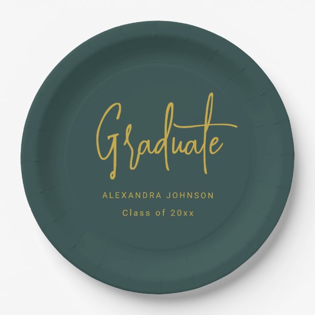 Modern Gold Script Graduation Party Green Custom Paper Plate (Front)
