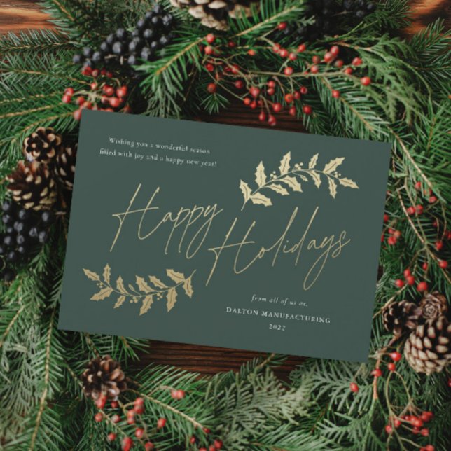 Modern Gold Script Happy Holidays Business Holiday Card (Elegant gold greenery leaves happy holidays green business holiday card.)