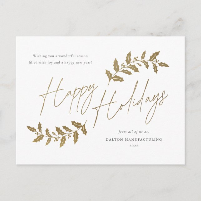 Modern Gold Script Happy Holidays Business Holiday Postcard (Front)