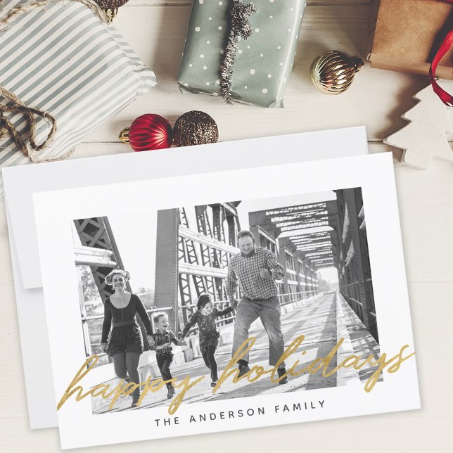 Modern Gold Script Happy Holidays Photo Overlay Holiday Card (Creator Uploaded)