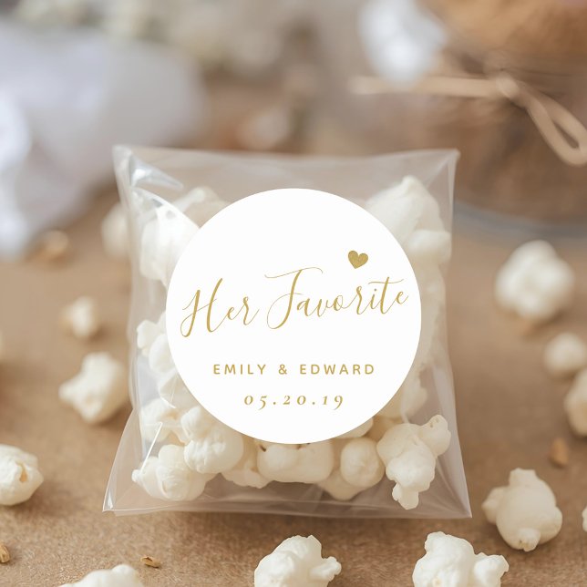 Modern Gold Script Her Favourite Wedding Favour Classic Round Sticker (Creator Uploaded)