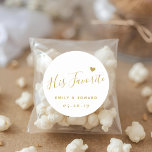 Modern Gold Script His Favourite Wedding Favour Classic Round Sticker<br><div class="desc">Custom-designed elegant wedding favour round stickers/labels featuring "His Favourite" in modern hand calligraphy with a gold glitter heart. Personalise with bride and groom's names and wedding date. Apply the stickers/labels on boxes,  bags,  or jars for unique DIY wedding favours/gifts.</div>