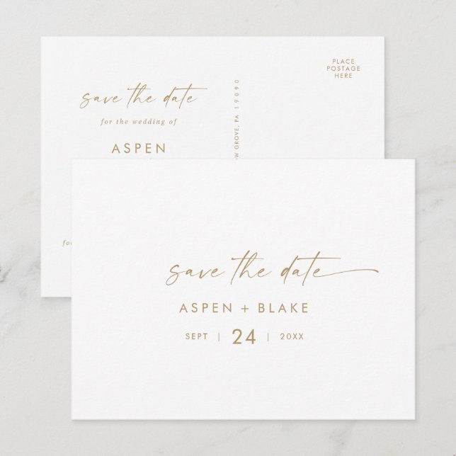 Modern Gold Script Horizontal Save the Date Invitation Postcard (Front/Back)