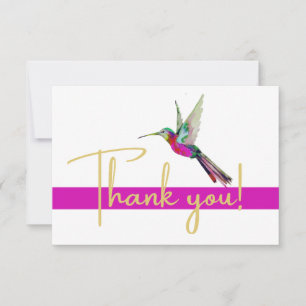 Modern Gold Script Hummingbird Watercolor Pink Thank You Card