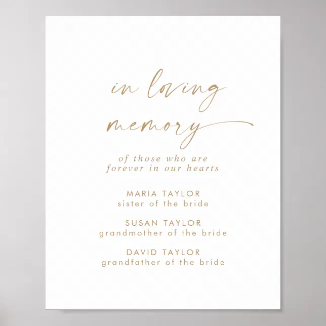 Gold Script In Loving Memory Modern Gold Script In Loving Memory Memorial Poster | Zazzle