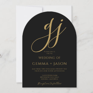 Modern Gold Script Initials Monogram Black Wedding Invitation