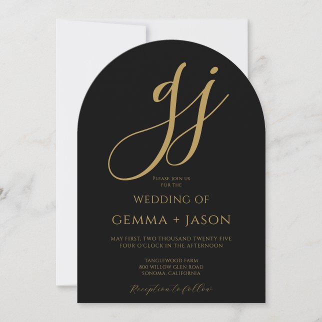 Modern Gold Script Initials Monogram Black Wedding Invitation (Front)
