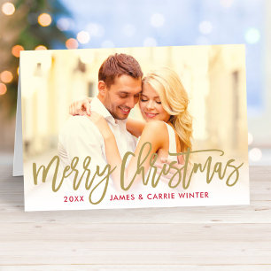 Modern Gold Script Merry Christmas Full Photo Holiday Card