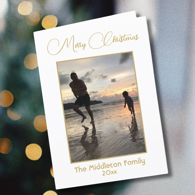 Modern Gold Script Merry Christmas Photo Greeting Holiday Card (Creator Uploaded)