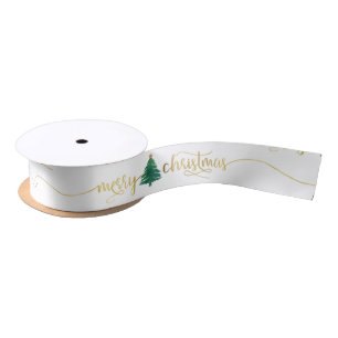 Modern Gold Script Merry Christmas Tree Satin Ribbon