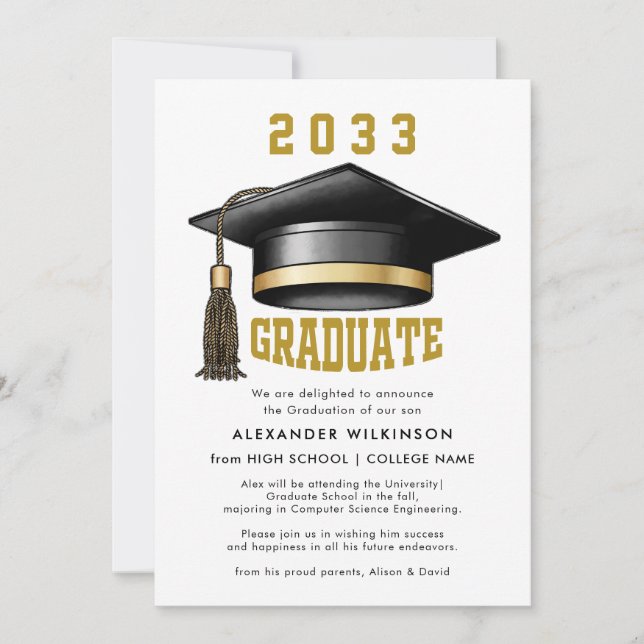 Modern Gold Script Minimalist GRAD Cap Graduation Announcement (Front)