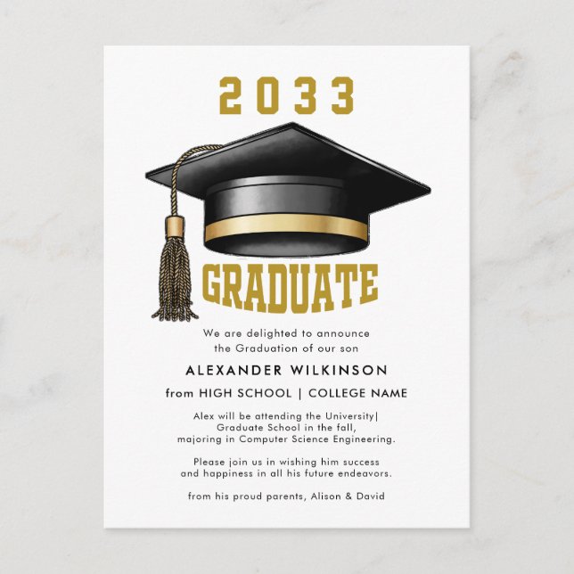 Modern Gold Script Minimalist GRAD Cap Graduation Announcement Postcard (Front)